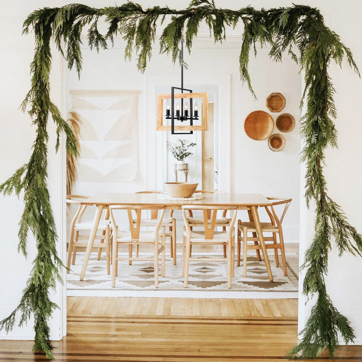 4 - Light Farmhouse Rectangle Black Iron and Wood Candle Chandelier