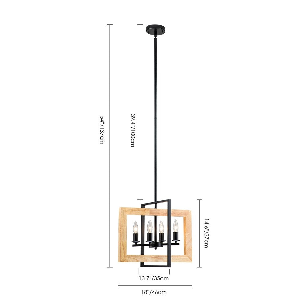 4 - Light Farmhouse Rectangle Black Iron and Wood Candle Chandelier