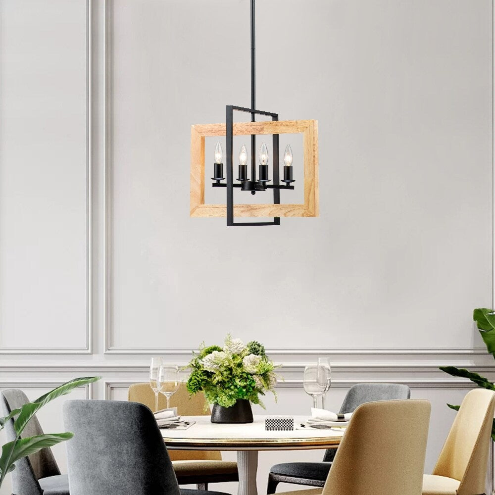 4 - Light Farmhouse Rectangle Black Iron and Wood Candle Chandelier