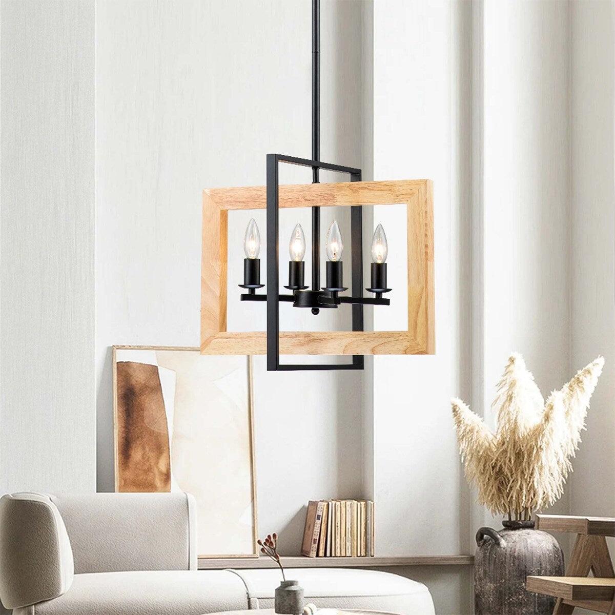 4 - Light Farmhouse Rectangle Black Iron and Wood Candle Chandelier