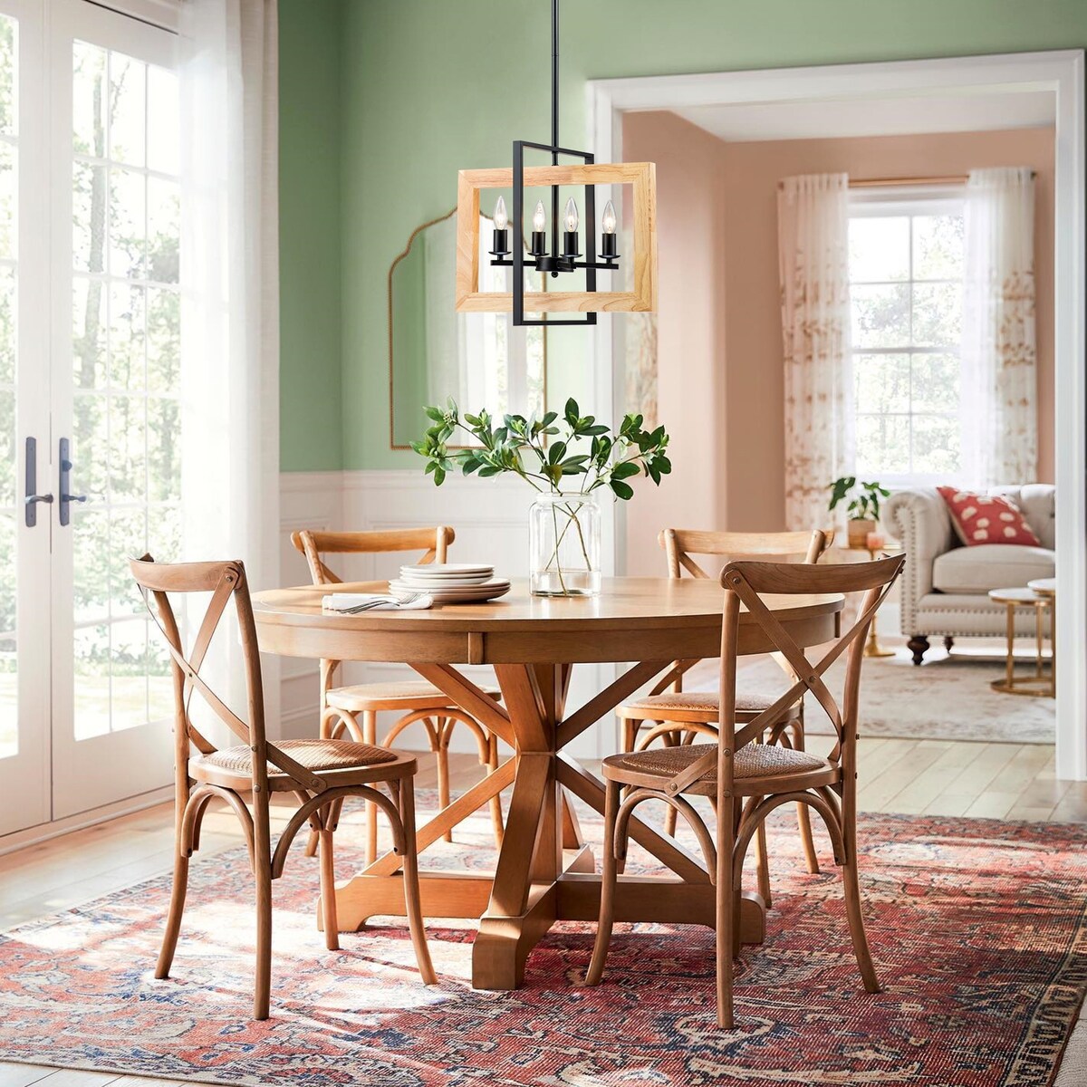 4 - Light Farmhouse Rectangle Black Iron and Wood Candle Chandelier