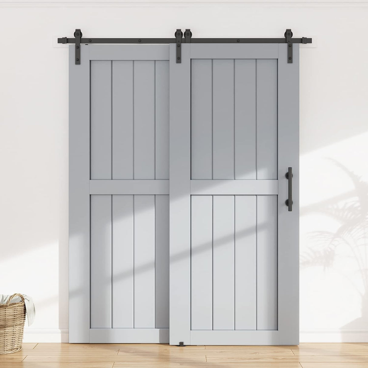 4-12FT Single Track Bypass Sliding Barn Door Hardware Kit for Double Doors J Style Rollers