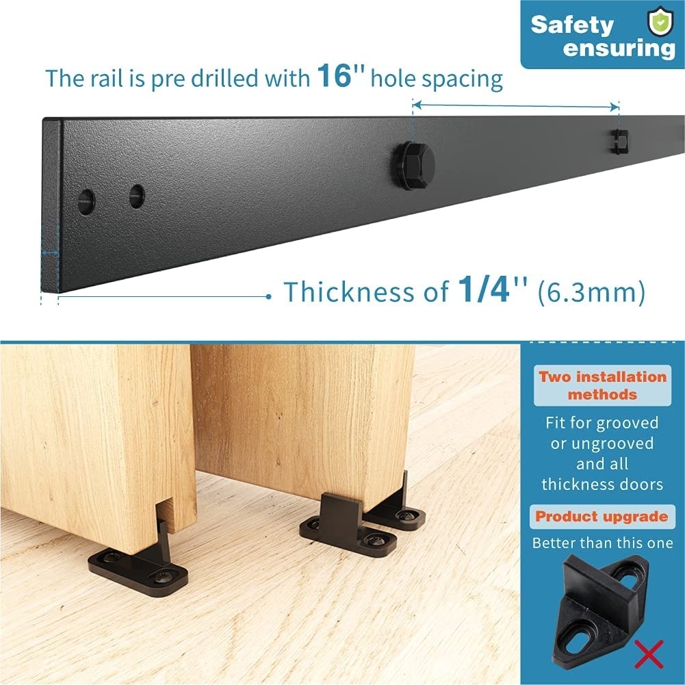 4-12FT Single Track Bypass Sliding Barn Door Hardware Kit for Double Doors J Style Rollers