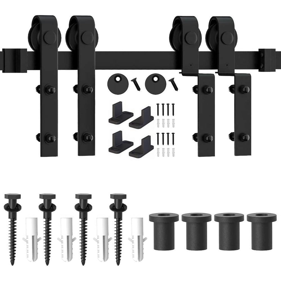 4-12FT Single Track Bypass Sliding Barn Door Hardware Kit for Double Doors J Style Rollers