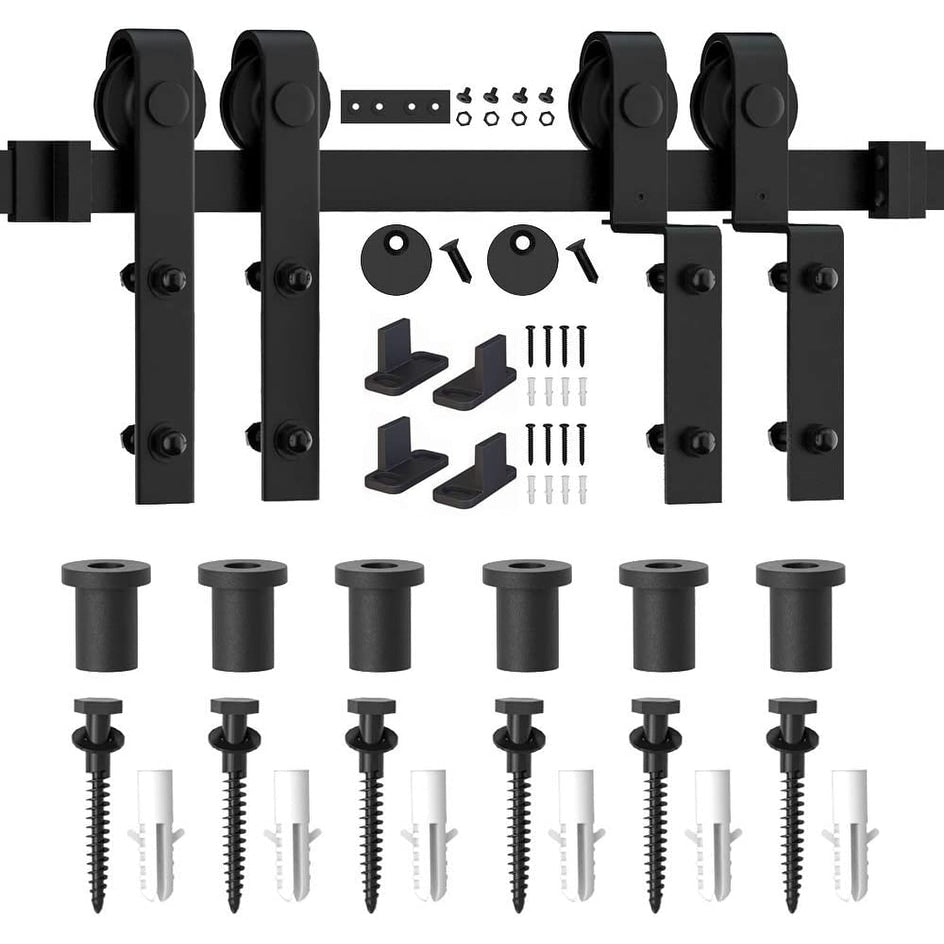4-12FT Single Track Bypass Sliding Barn Door Hardware Kit for Double Doors J Style Rollers