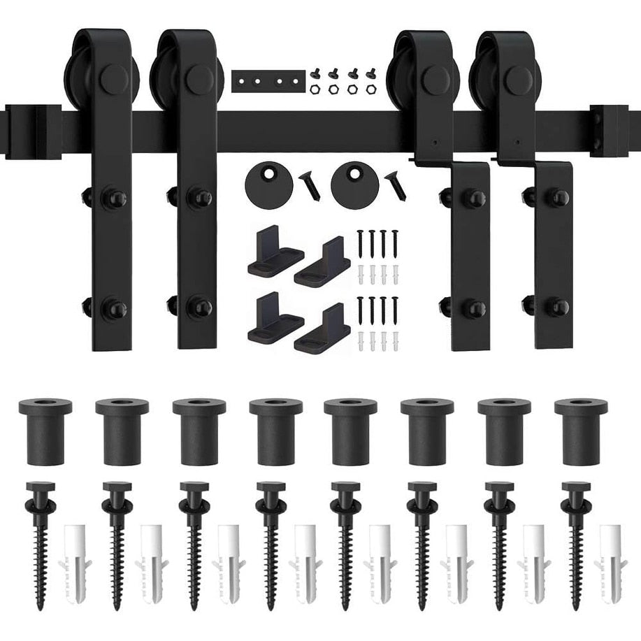 4-12FT Single Track Bypass Sliding Barn Door Hardware Kit for Double Doors J Style Rollers