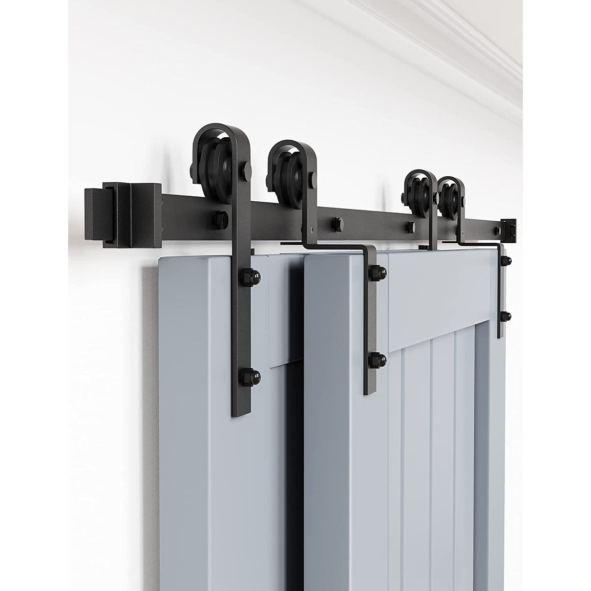 4-12FT Single Track Bypass Sliding Barn Door Hardware Kit for Double Doors J Style Rollers