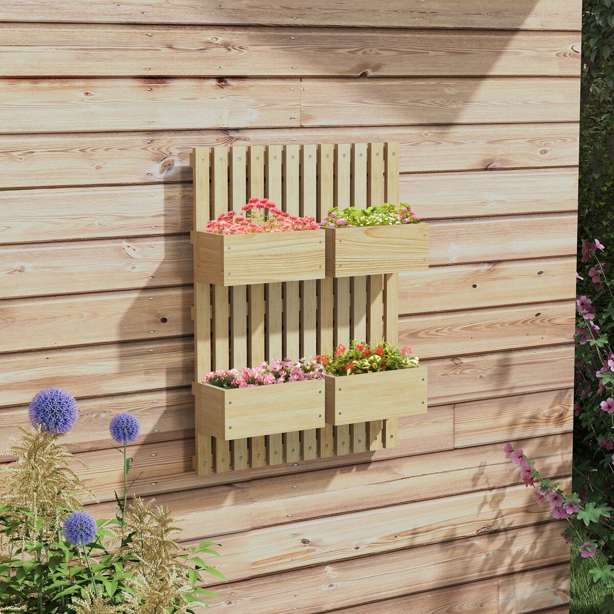 4 Box Raised Garden Bed,Trellis,31.5" Tall Wall-Mounted Wood Planter Box Set with Adjustable Height,Drainage Hole