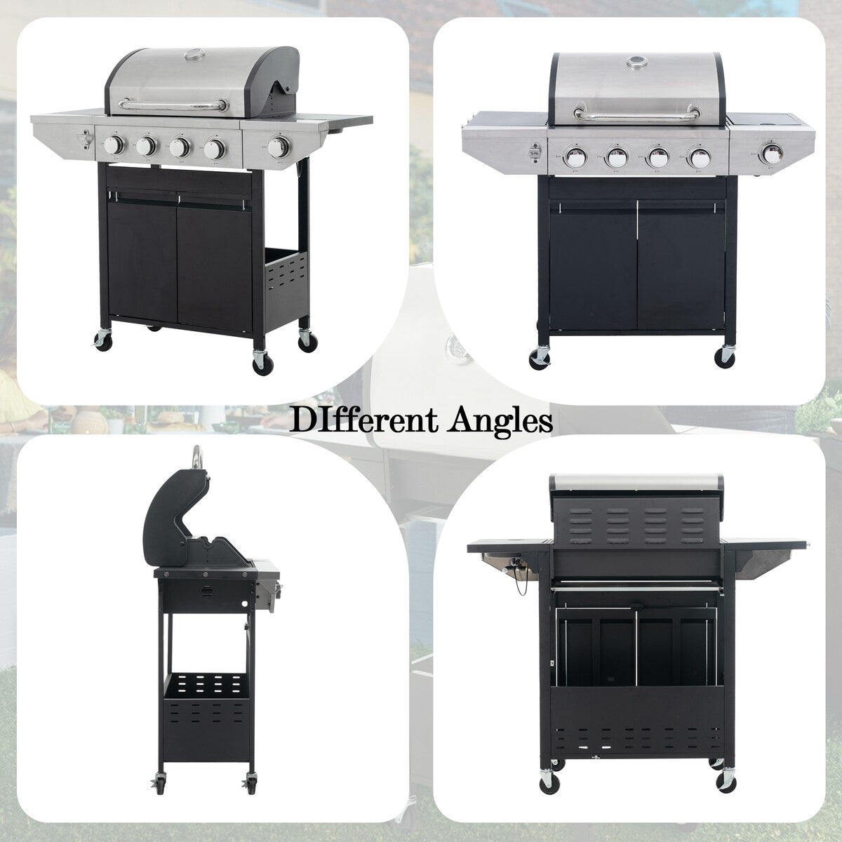 4 Burner Stainless Stee Barbecue Gas Grill with Side Burner and Thermometer for Outdoor BBQ - Silver