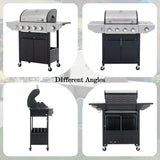 4 Burner Stainless Stee Barbecue Gas Grill with Side Burner and Thermometer for Outdoor BBQ - Silver