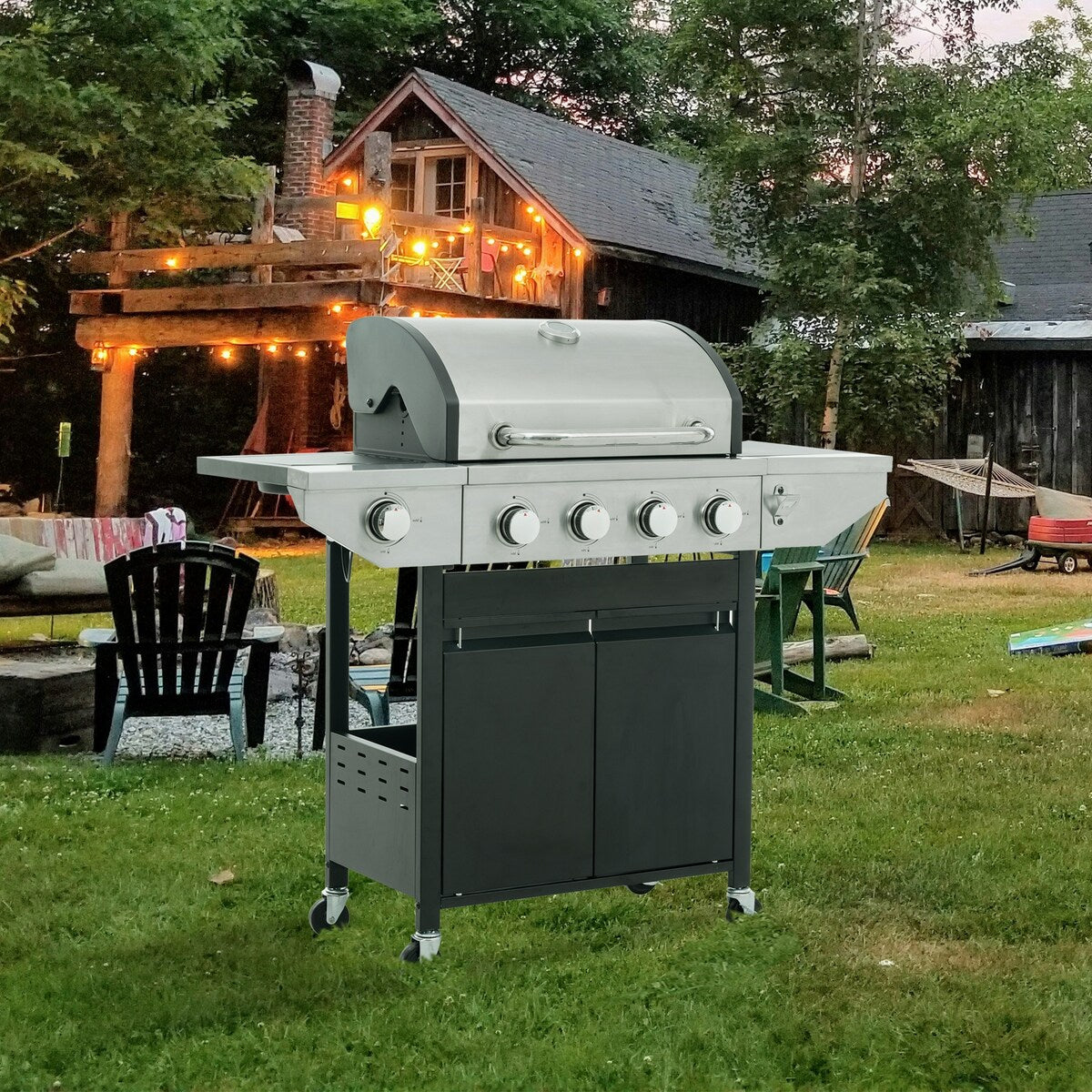 4 Burner Stainless Stee Barbecue Gas Grill with Side Burner and Thermometer for Outdoor BBQ - Silver