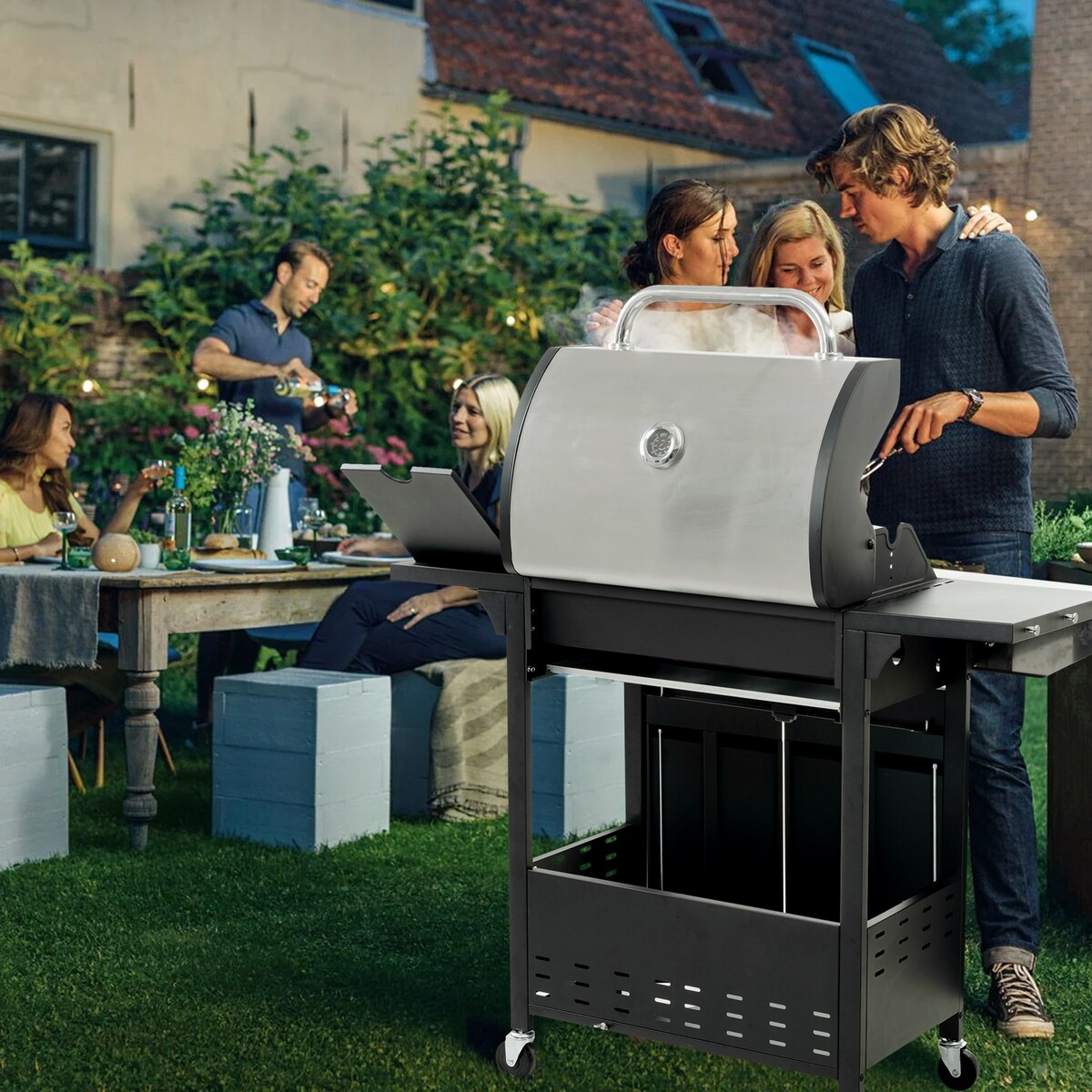 4 Burner Stainless Stee Barbecue Gas Grill with Side Burner and Thermometer for Outdoor BBQ - Silver