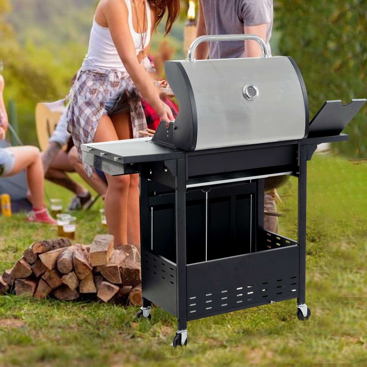 4 Burner Stainless Stee Barbecue Gas Grill with Side Burner and Thermometer for Outdoor BBQ - Silver
