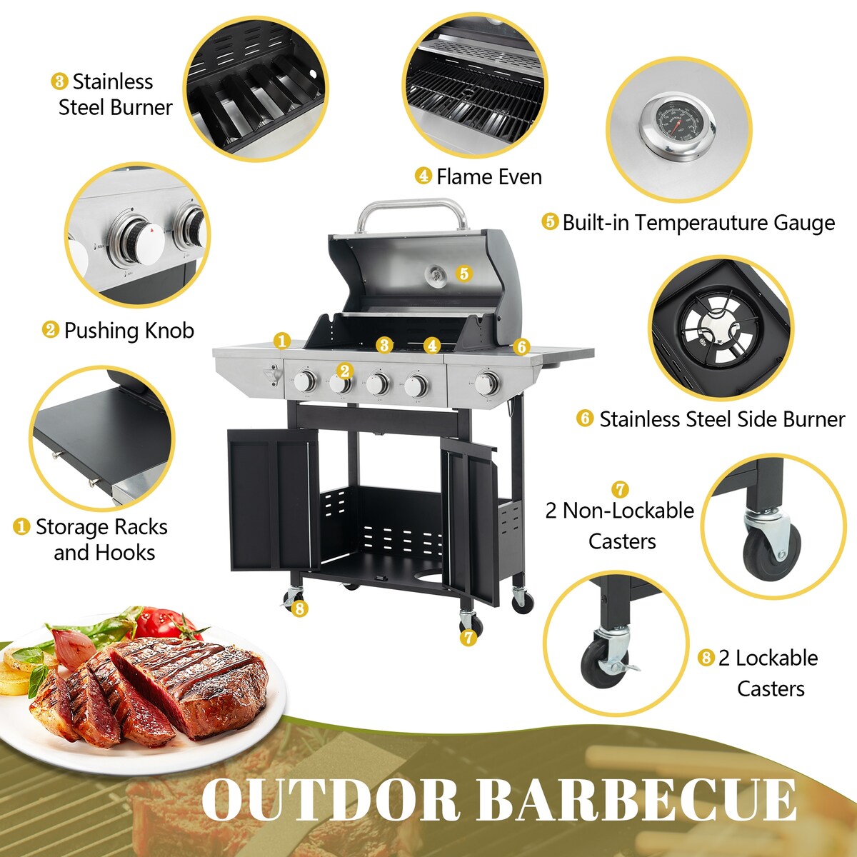 4 Burner Stainless Stee Barbecue Gas Grill with Side Burner and Thermometer for Outdoor BBQ - Silver