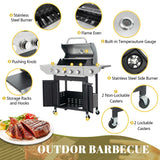 4 Burner Stainless Stee Barbecue Gas Grill with Side Burner and Thermometer for Outdoor BBQ - Silver