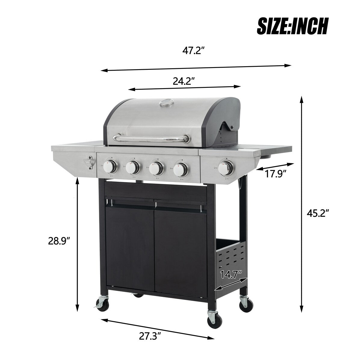 4 Burner Stainless Stee Barbecue Gas Grill with Side Burner and Thermometer for Outdoor BBQ - Silver