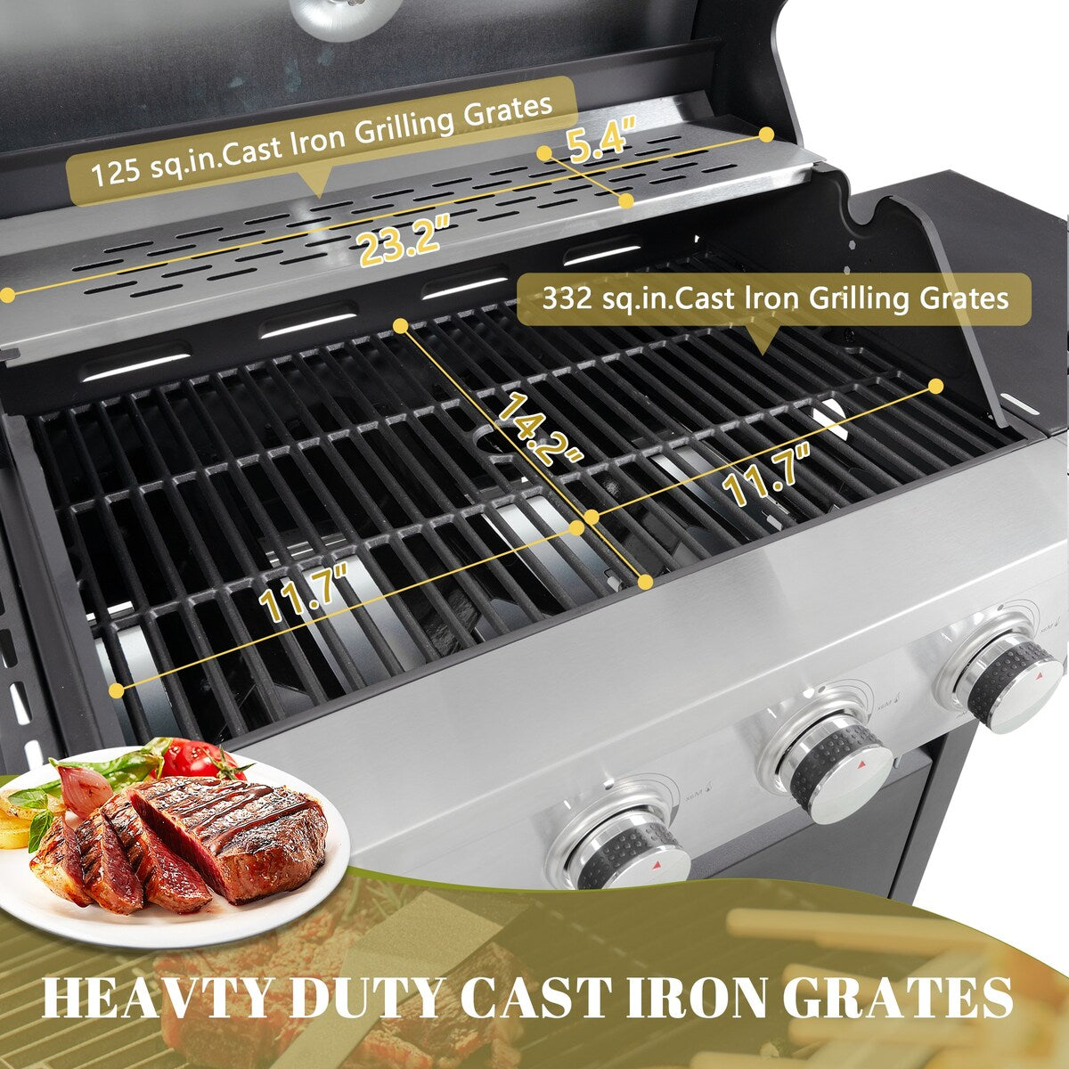 4 Burner Stainless Stee Barbecue Gas Grill with Side Burner and Thermometer for Outdoor BBQ - Silver