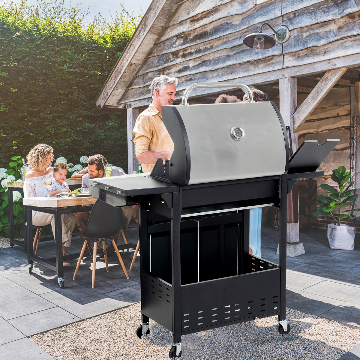 4 Burner Stainless Stee Barbecue Gas Grill with Side Burner and Thermometer for Outdoor BBQ - Silver