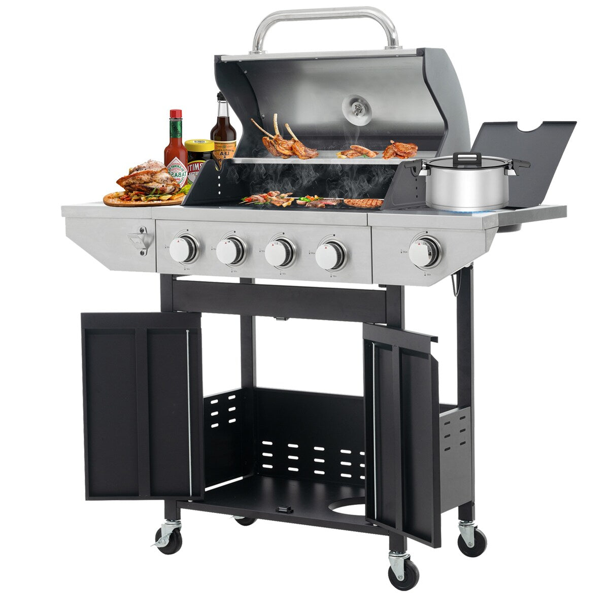 4 Burner Stainless Stee Barbecue Gas Grill with Side Burner and Thermometer for Outdoor BBQ - Silver
