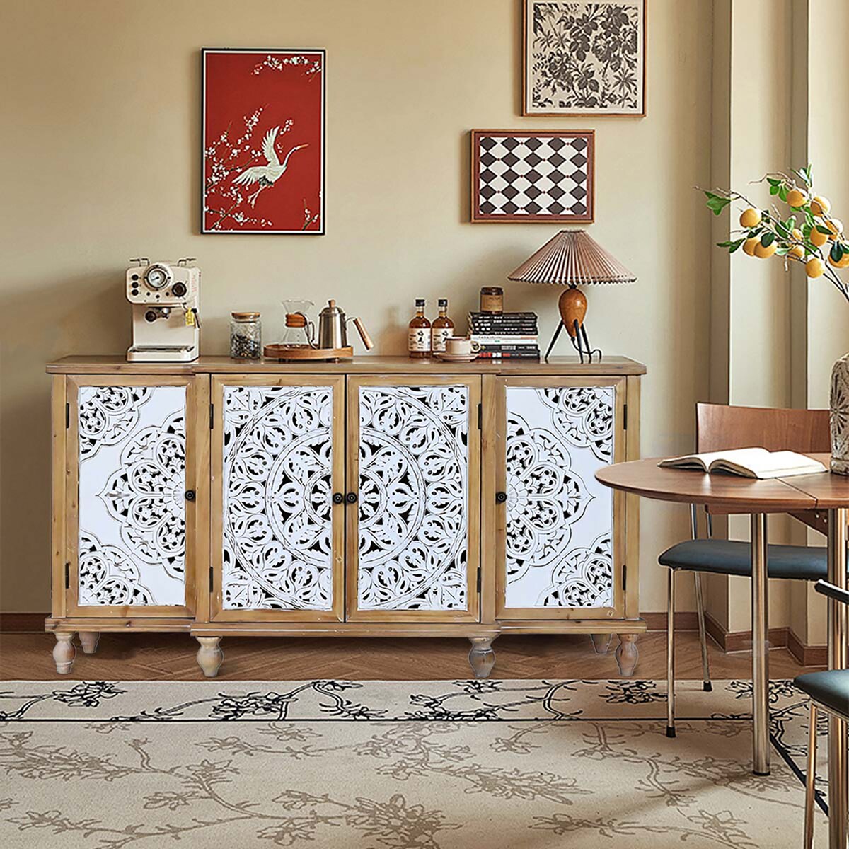 4-Door Hollow-Carved Accent Cabinet, Distressed Wood Storage Cabinet Cupboard with adjustable shelves,unique design for Kitchen