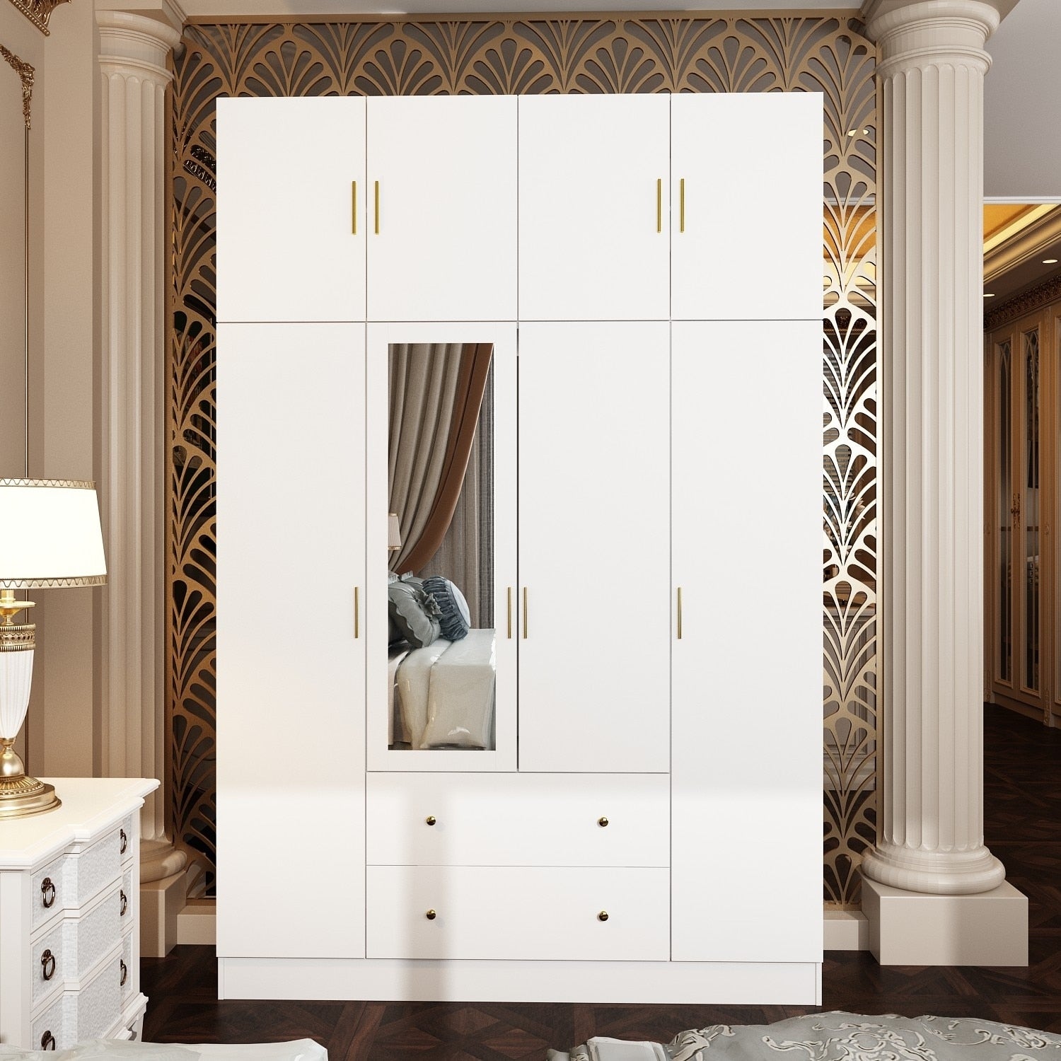 4 Door Wardrobe Large Storage Cabinet Armoire with Mirror