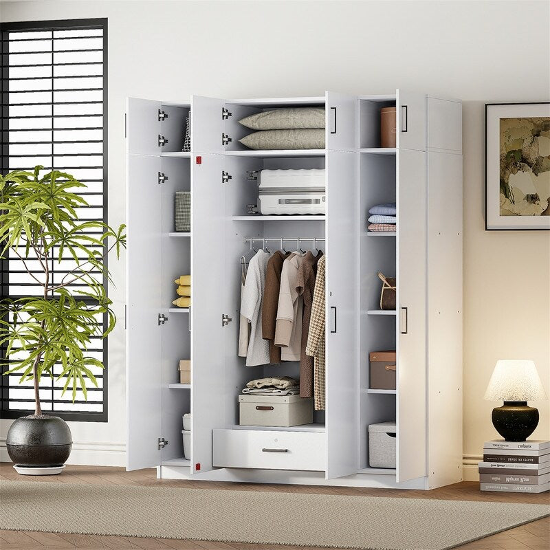 4 Door Wardrobe with 1 Drawer and Top Cabinet Bedroom Armoire Wardrob
