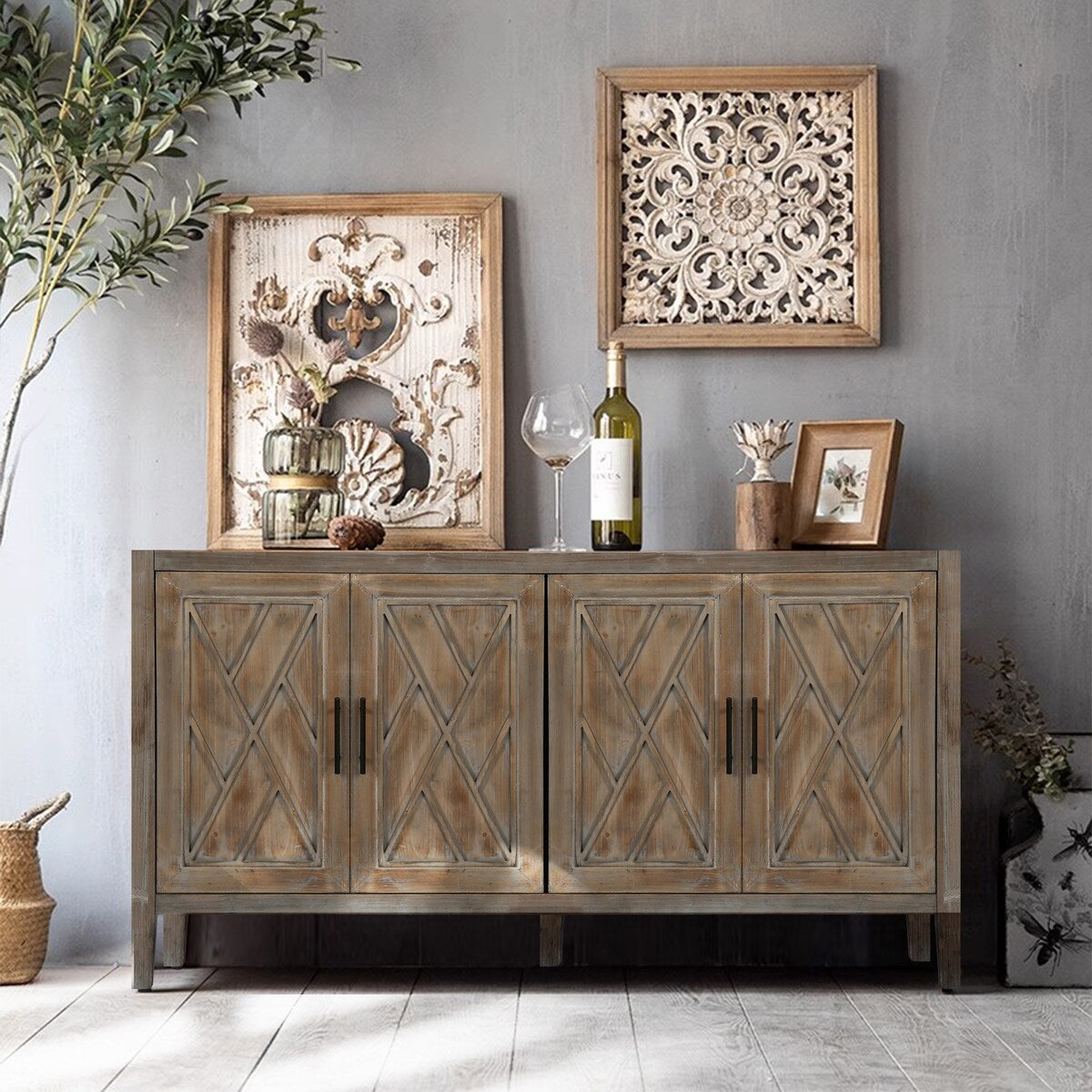 4 Door Wooden Twill Sideboard American Country Vintage Cabinet