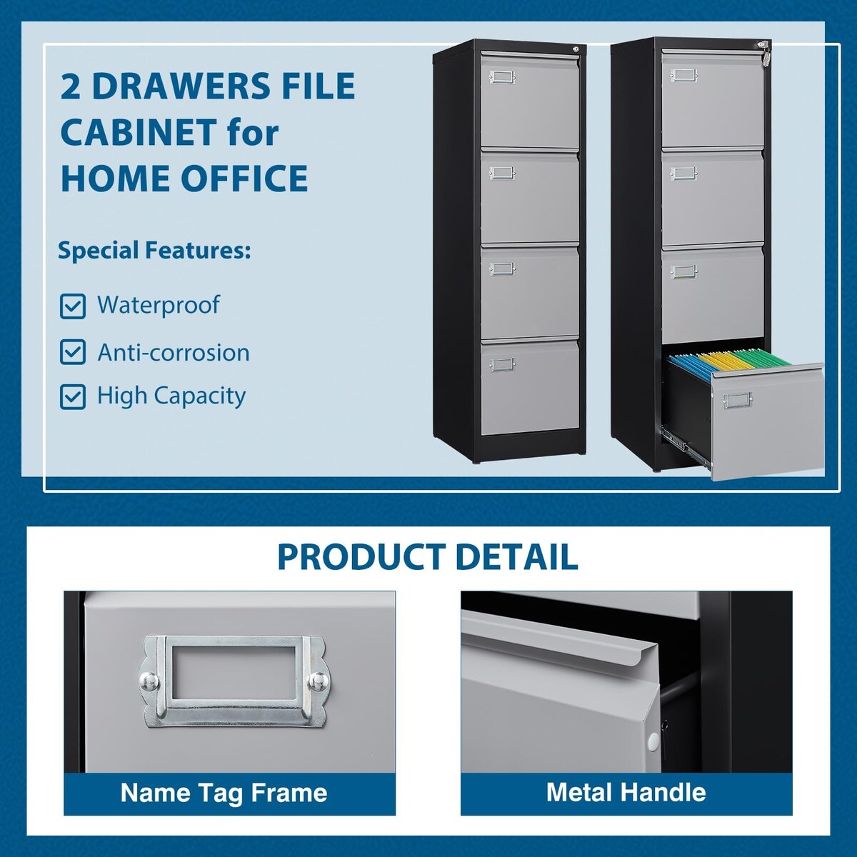4 Drawer File Cabinet, Vertical Filing Cabinets with Lock, Metal File Cabinets for Home Office, Anti-Tip 4 Storage Drawers Black