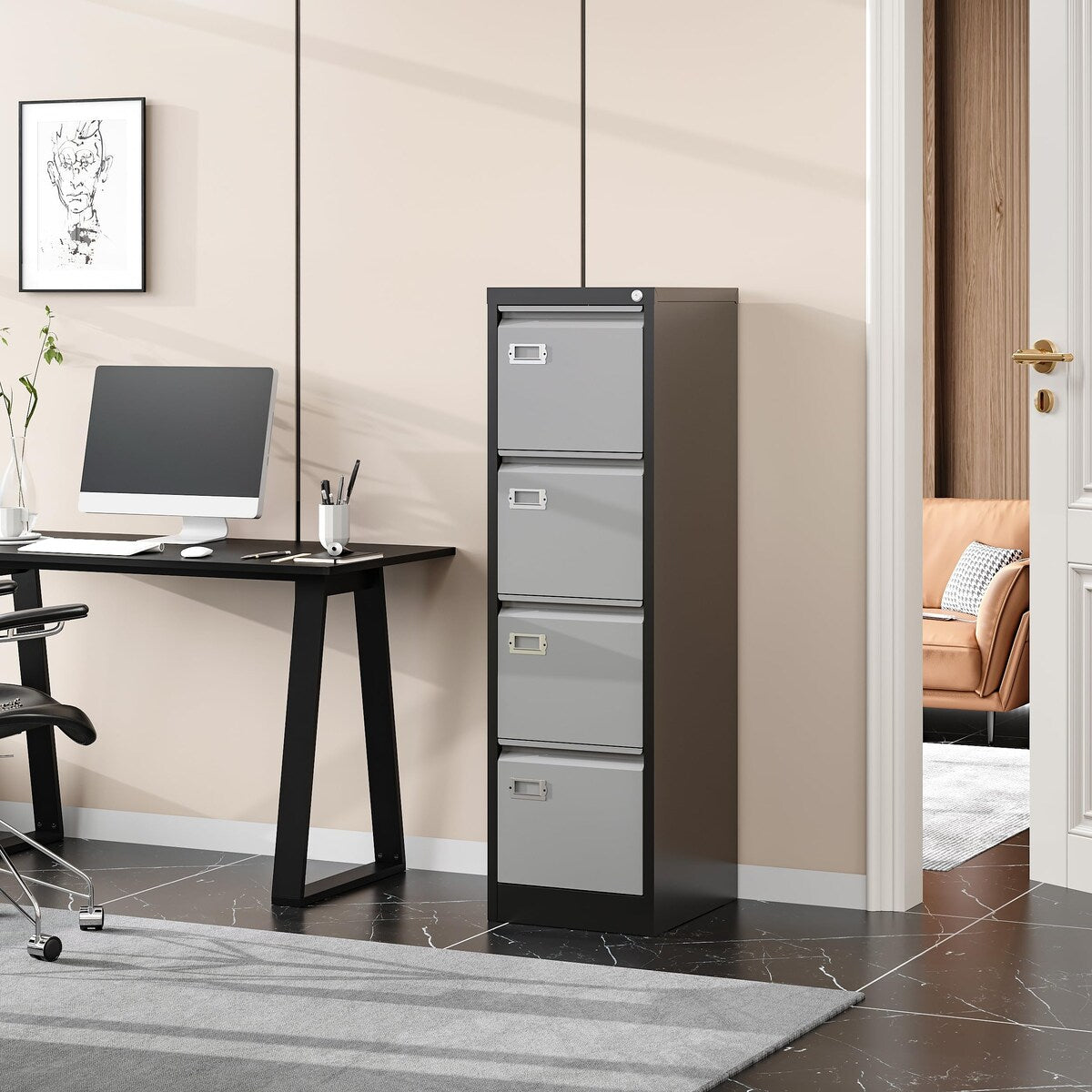 4 Drawer File Cabinet, Vertical Filing Cabinets with Lock, Metal File Cabinets for Home Office, Anti-Tip 4 Storage Drawers Black