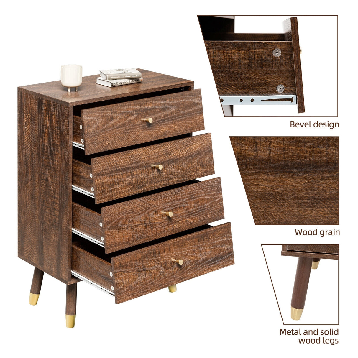 4 Drawer Dresser Mid Century Modern Dresser for Bedroom Retro Style Tall Dresser