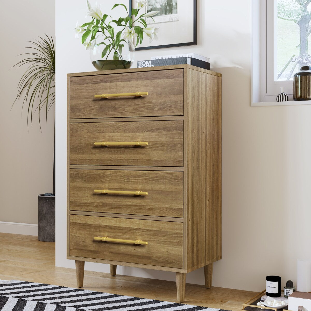 4-Drawers Mid-Century Modern Wood Chest with Golden Handles