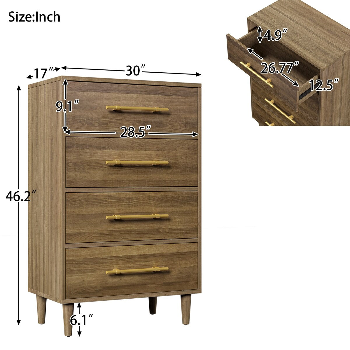 4-Drawers Mid-Century Modern Wood Chest with Golden Handles