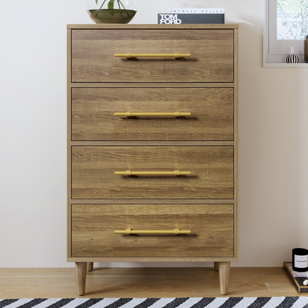 4-Drawers Mid-Century Modern Wood Chest with Golden Handles