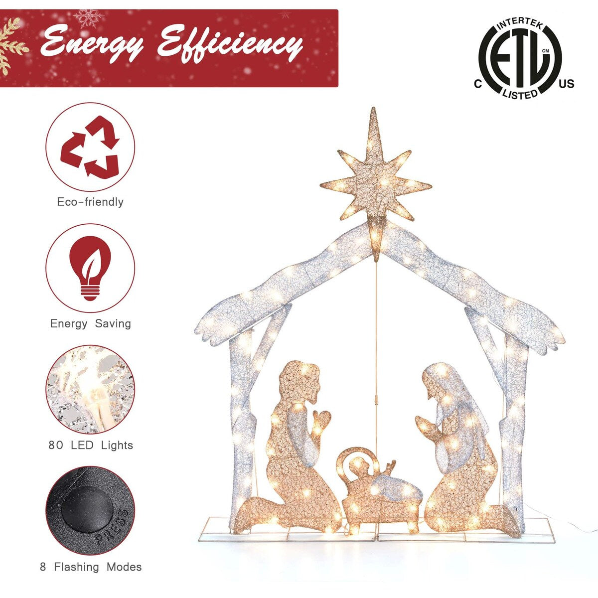 4 Ft Lighted Nativity Scene 80 LED Holy Family Yard Outdoor Christmas Decoration - One-size