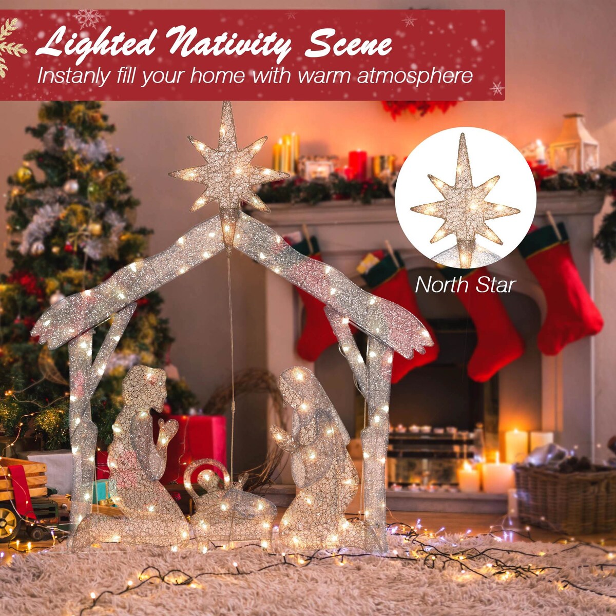 4 Ft Lighted Nativity Scene 80 LED Holy Family Yard Outdoor Christmas Decoration - One-size