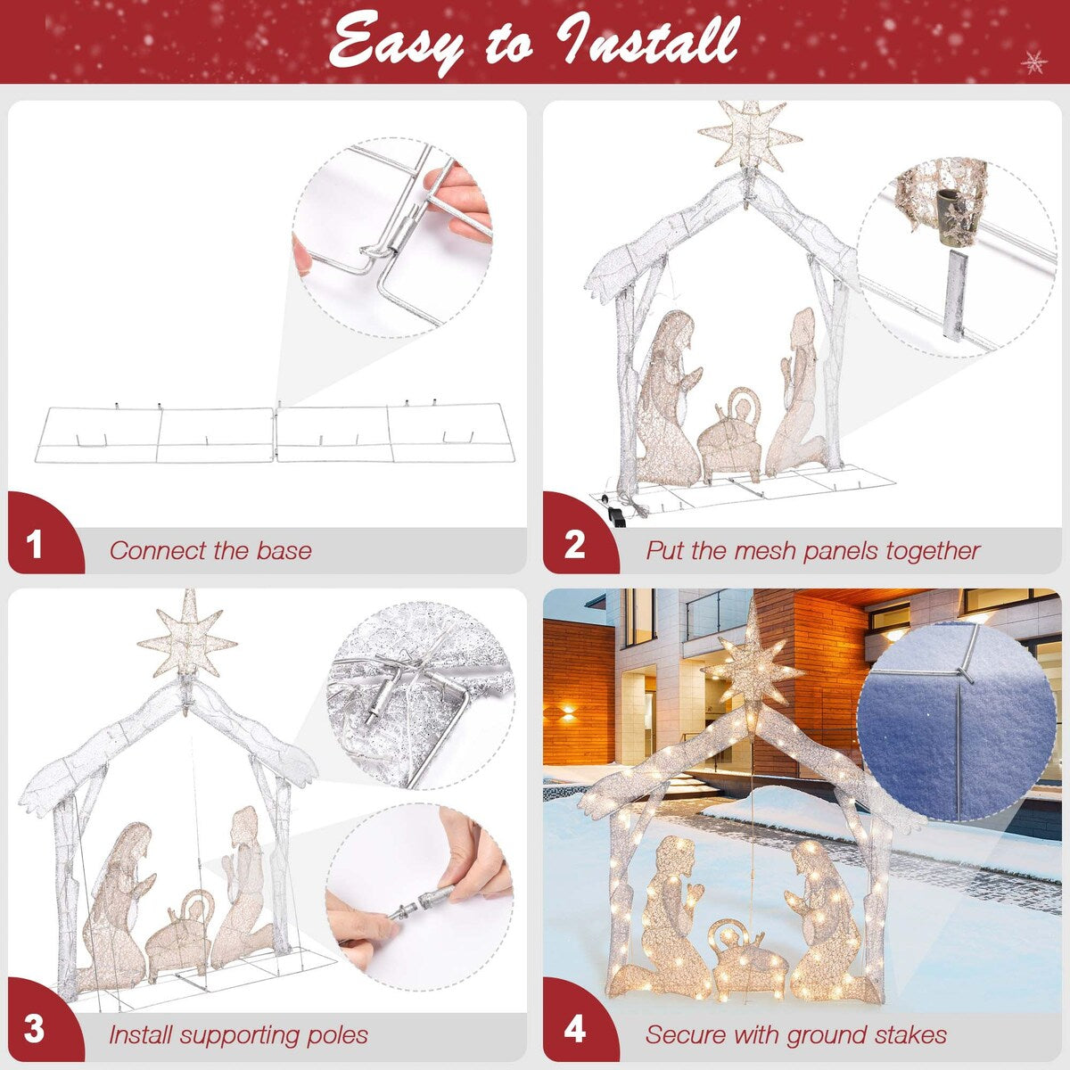 4 Ft Lighted Nativity Scene 80 LED Holy Family Yard Outdoor Christmas Decoration - One-size