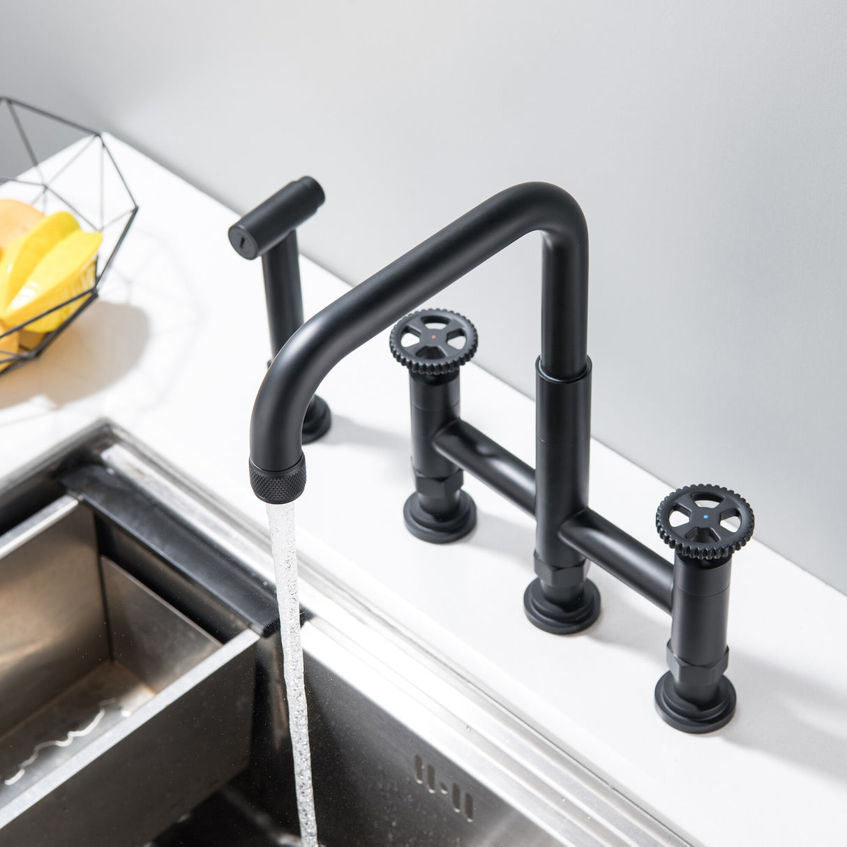 4 Hole Industrial Bridge Kitchen Faucet with Side Sprayer Commercial Stainless Steel Kitchen Sink Faucet 360 Degree Swivel
