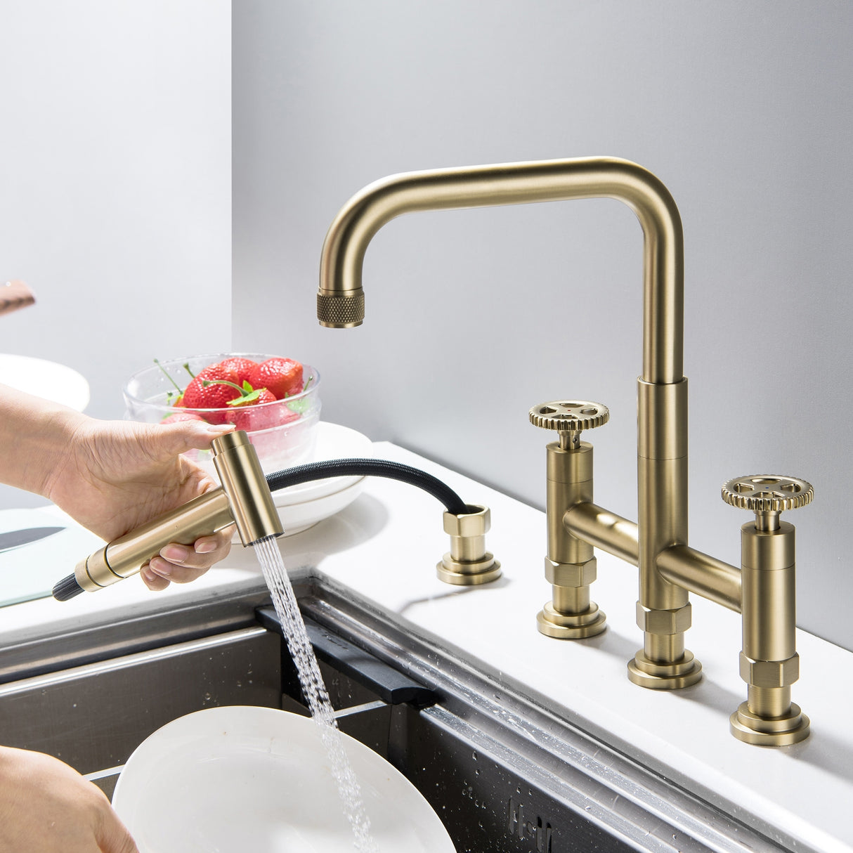 4 Hole Industrial Bridge Kitchen Faucet with Side Sprayer Commercial Stainless Steel Kitchen Sink Faucet 360 Degree Swivel