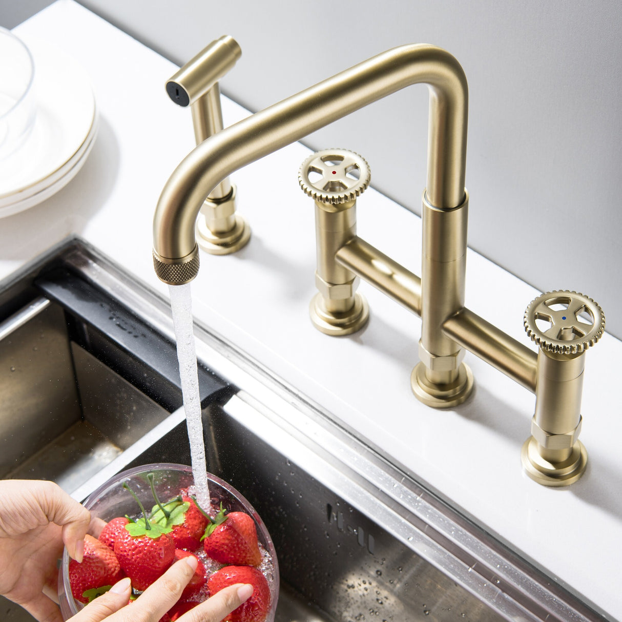 4 Hole Industrial Bridge Kitchen Faucet with Side Sprayer Commercial Stainless Steel Kitchen Sink Faucet 360 Degree Swivel