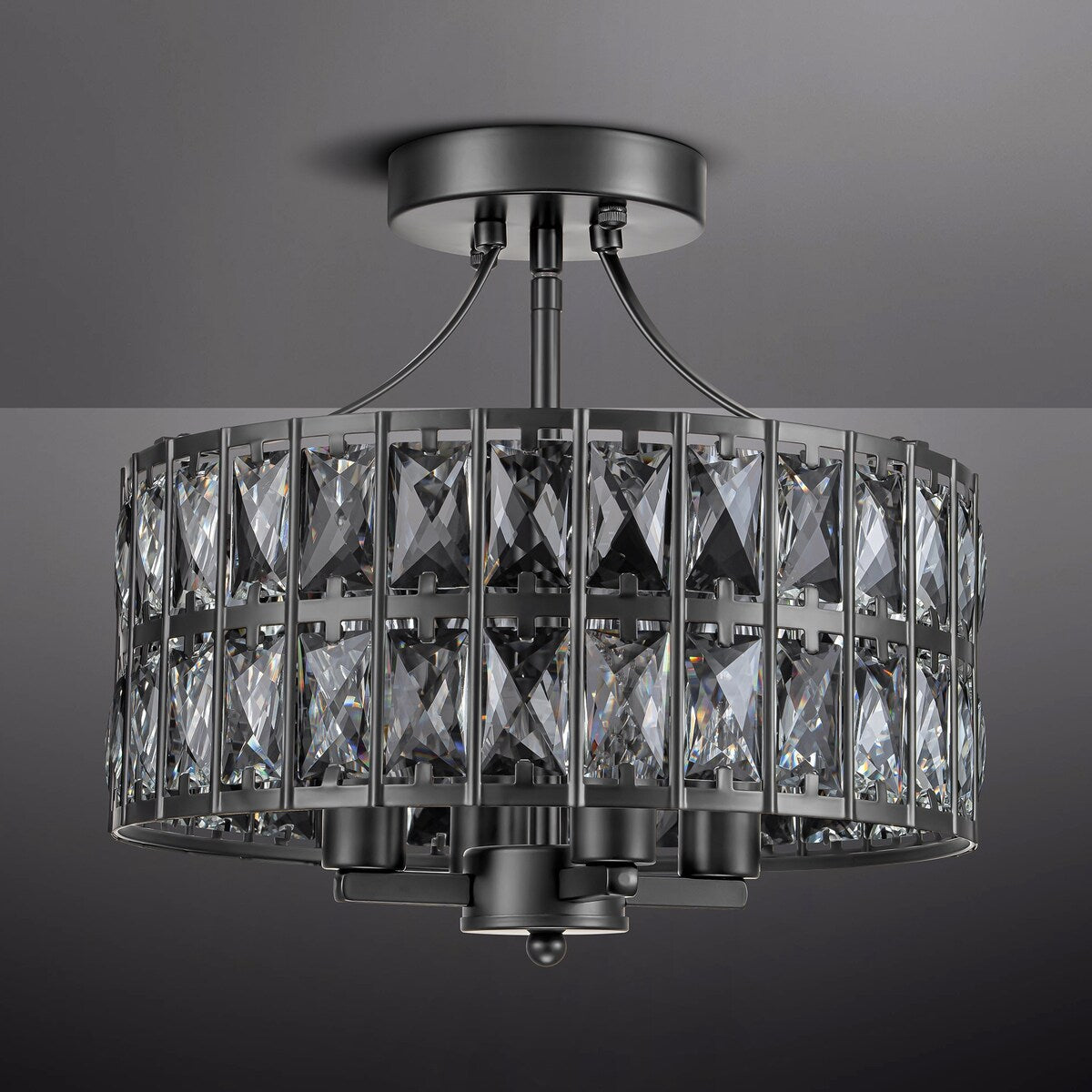 4-Light 13-inch Mid-Century Modern Crystal Drum Ceiling Light Lantern Crystal Semi-Flush Mount Light