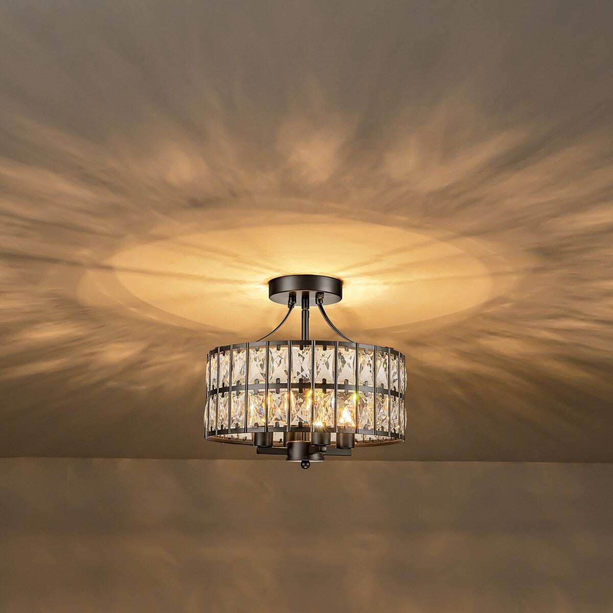 4-Light 13-inch Mid-Century Modern Crystal Drum Ceiling Light Lantern Crystal Semi-Flush Mount Light