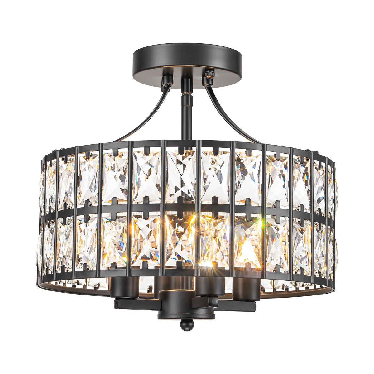 4-Light 13-inch Mid-Century Modern Crystal Drum Ceiling Light Lantern Crystal Semi-Flush Mount Light