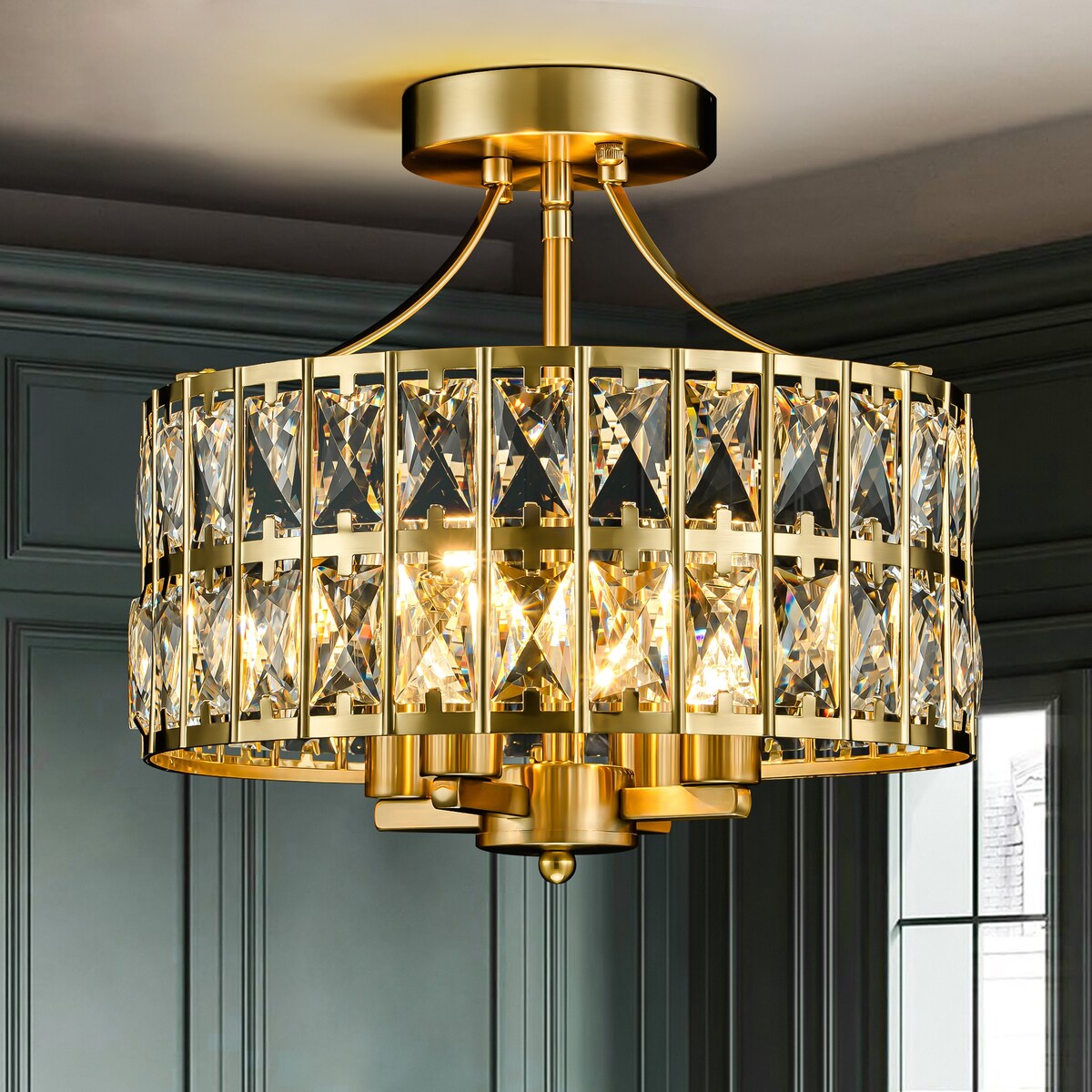 4-Light 13-inch Mid-Century Modern Crystal Drum Ceiling Light Lantern Crystal Semi-Flush Mount Light