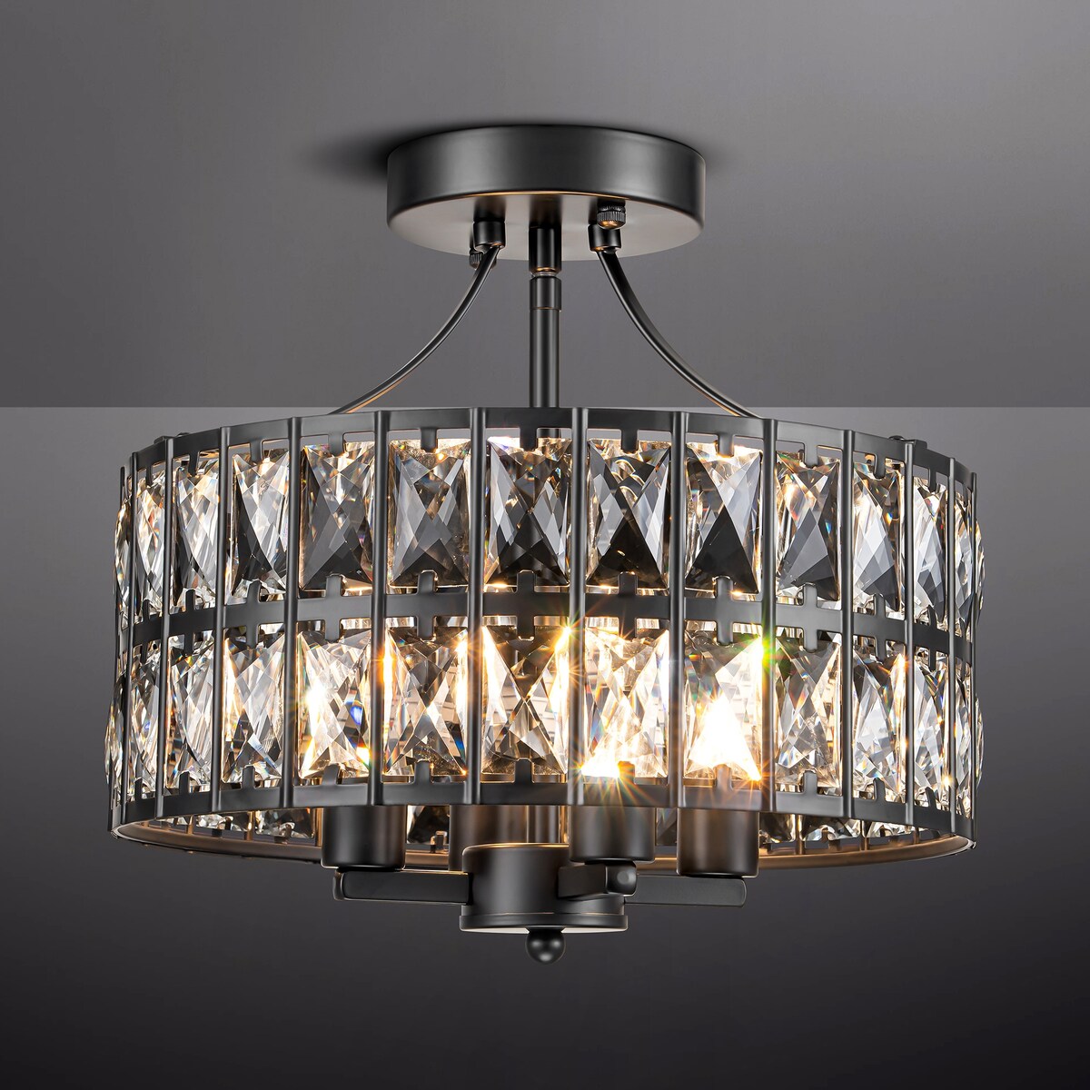 4-Light 13-inch Mid-Century Modern Crystal Drum Ceiling Light Lantern Crystal Semi-Flush Mount Light