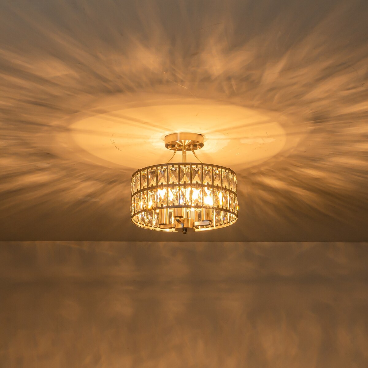 4-Light 13-inch Mid-Century Modern Crystal Drum Ceiling Light Lantern Crystal Semi-Flush Mount Light