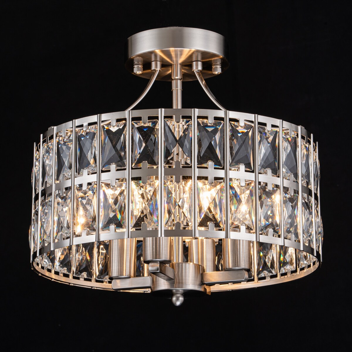 4-Light 13-inch Mid-Century Modern Crystal Drum Ceiling Light Lantern Crystal Semi-Flush Mount Light