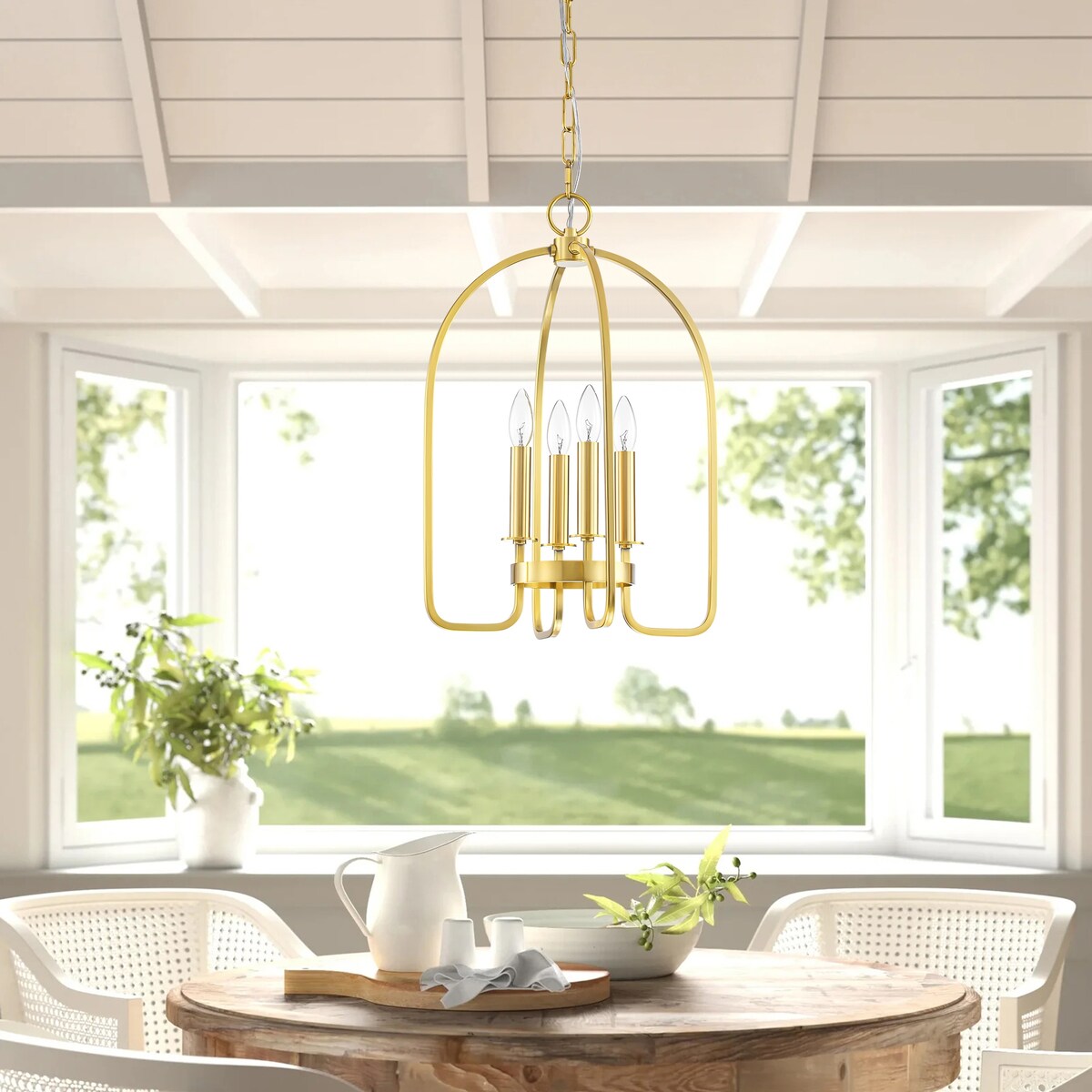 4-Light Aged Brass Modern Industrial Pendant Vintage Curved Cage Geometric Candlestick Chandelier - 14.2 in. in Dia x 21.2 in. H