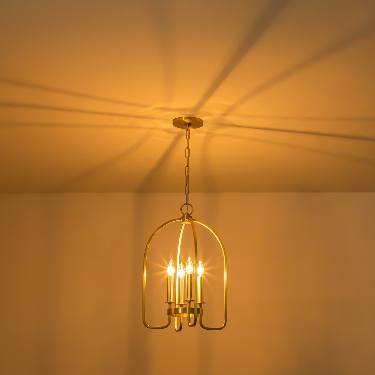 4-Light Aged Brass Modern Industrial Pendant Vintage Curved Cage Geometric Candlestick Chandelier - 14.2 in. in Dia x 21.2 in. H
