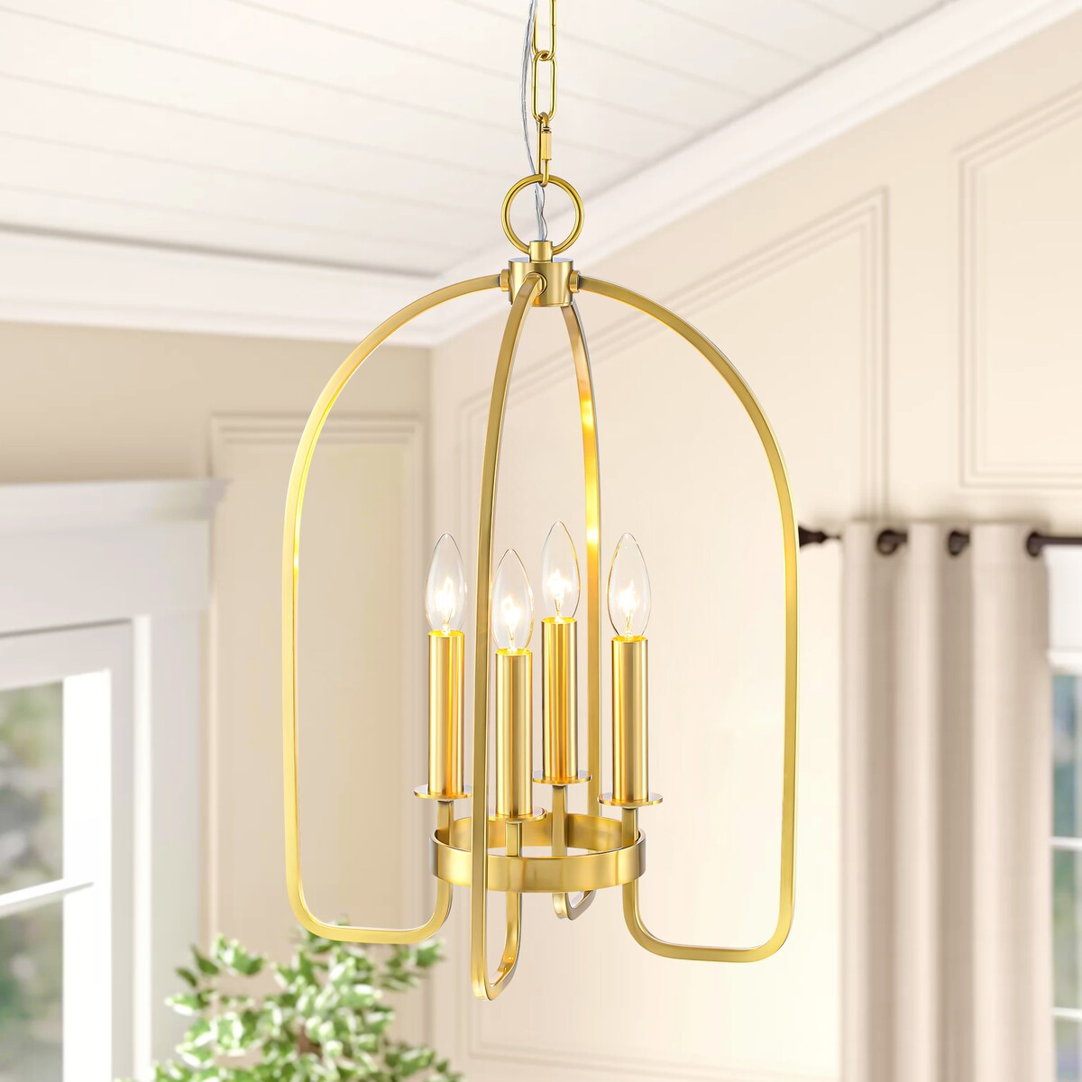 4-Light Aged Brass Modern Industrial Pendant Vintage Curved Cage Geometric Candlestick Chandelier - 14.2 in. in Dia x 21.2 in. H