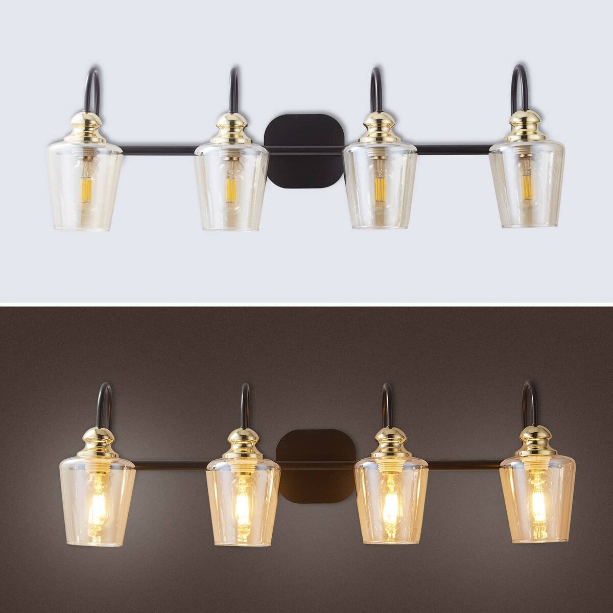 4 Light Bathroom Vanity Light Fixtures Industrial Lights Mirror Black & Gold Metal Wall Sconce Lighting With Clear Glass Shade